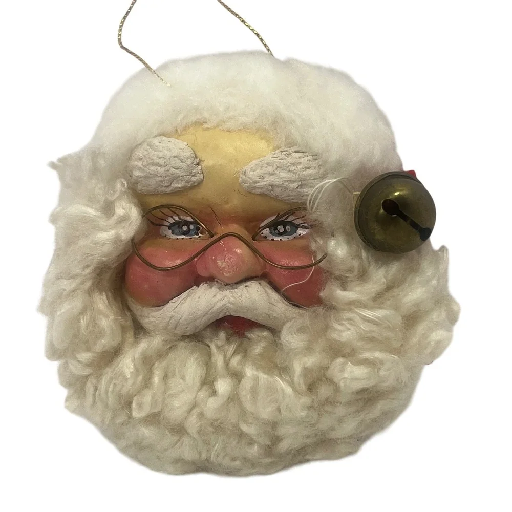 VTG Santa Claus Resin Christmas‎ Ornament Beard Flocked Hat Bell Glasses Read